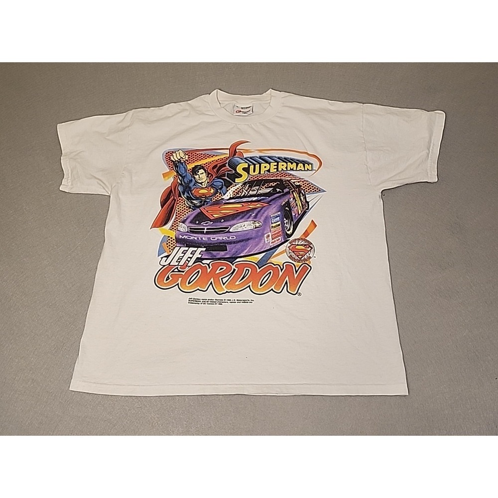 Vintage Jeff Gordon 1990s Big Print Superman TShirt Size XL DC Comics Racing